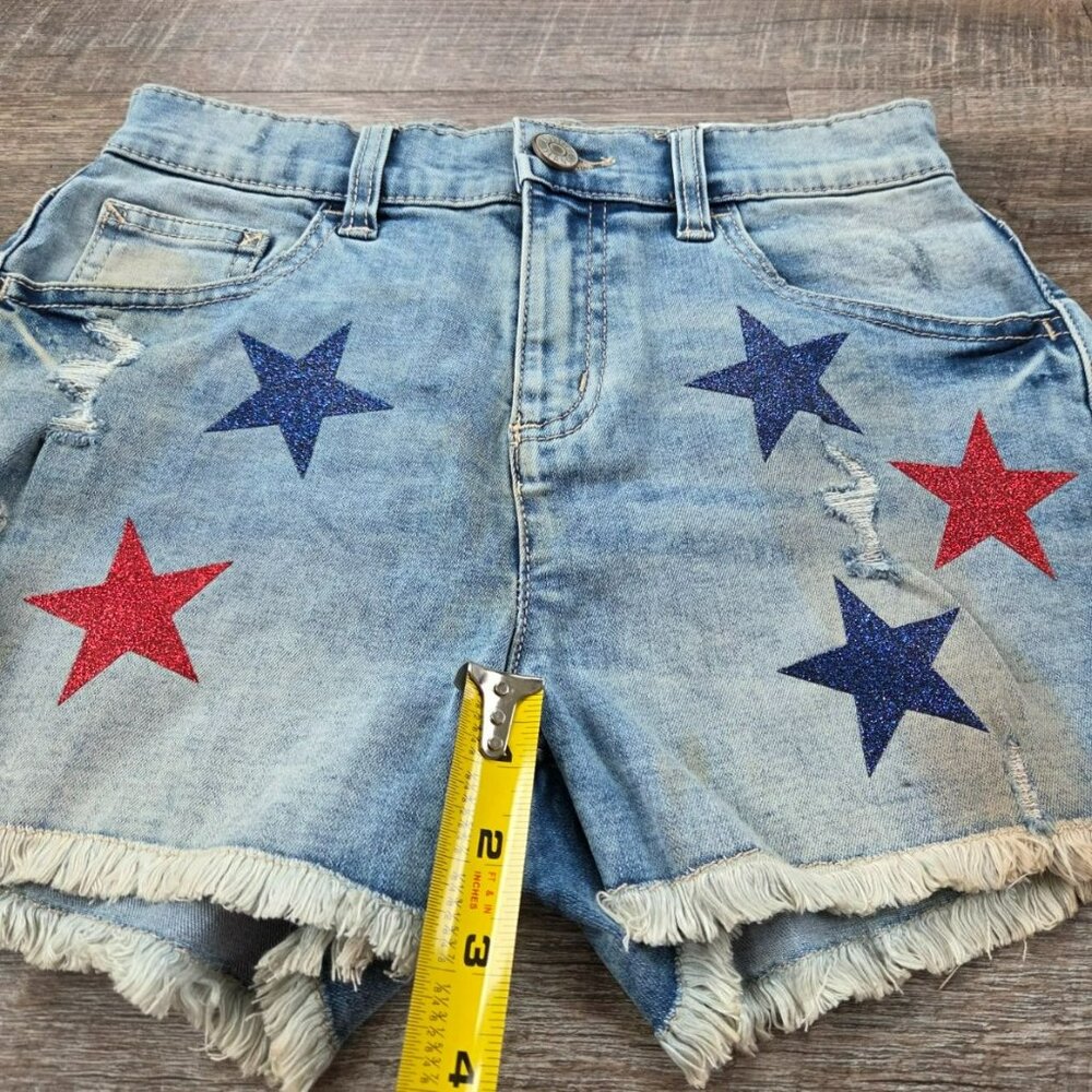 NWT Justice Size 16 girls' denim shorts w/red and blue stars and distress wear l - Picture 5 of 10